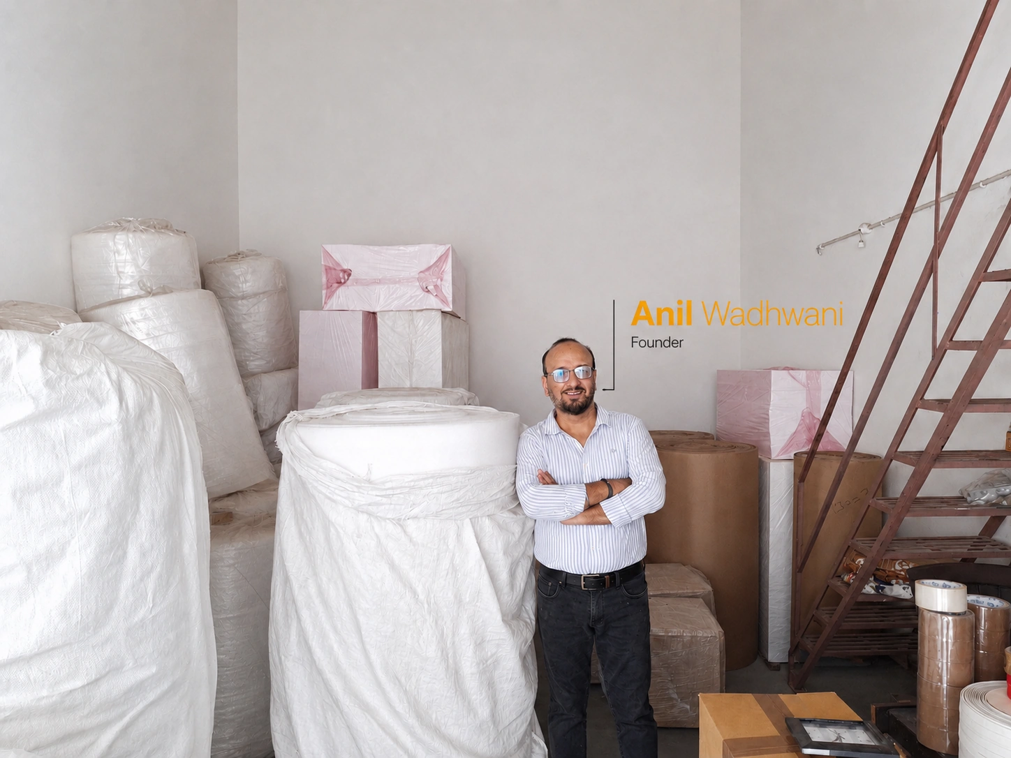 Anil Wadhwani, founder of PackRaj and Raj Enterprise, standing in Ahmedabad packaging warehouse